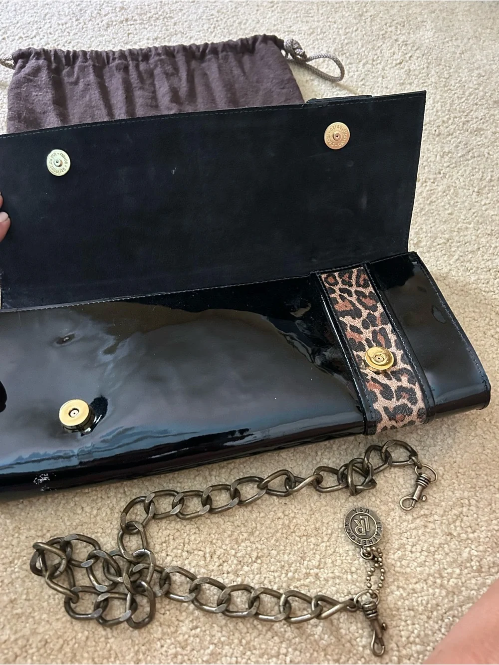 Leatherock Black Patent Clutch with Leopard Buckle Accent